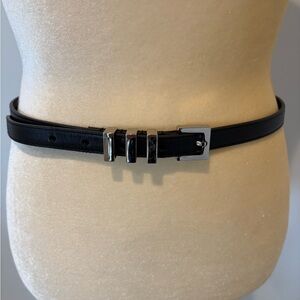 YSL  Saint Laurent Black Leather Slim Belt with Silver Buckle, Sz 80